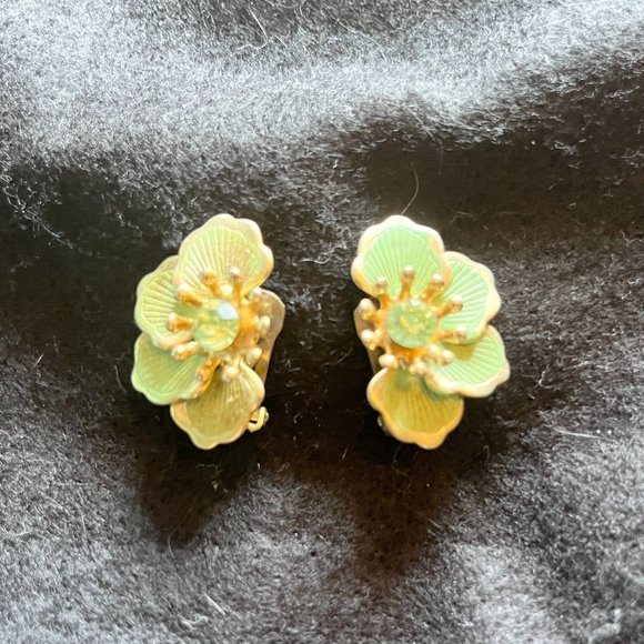Jewelry - Vintage Crescent Celery-Green Flower Clip Earrings